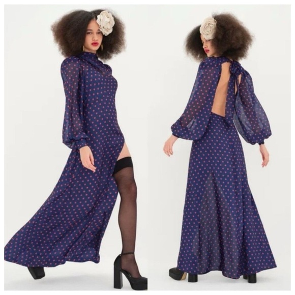 For Love & Lemons Mavis
Maxi Dress Purple Polka Dots Large Long Sleeve Backless - Picture 1 of 7